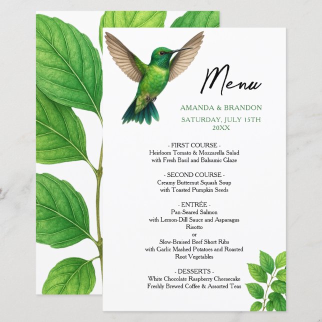 Lámina Boda de borde botánico de leafy Green Hummingbird (Anverso / Reverso)