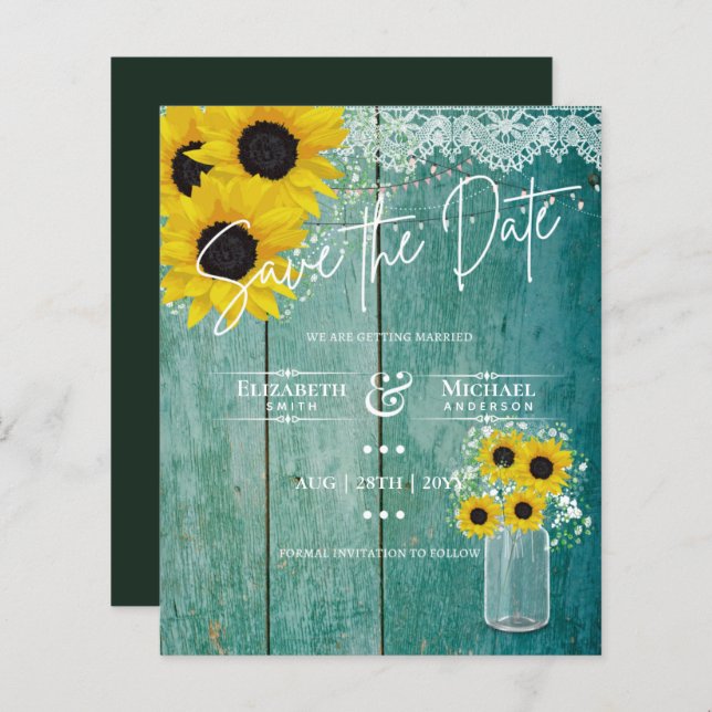 Lámina Boda de Budget Rustic Sunflowers Lace Mason Jar (Anverso / Reverso)