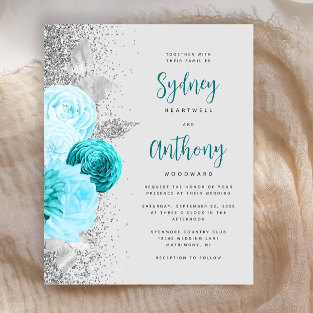 Lámina Boda de caligrafía floral turquesa plateada de pre (Subido por el creador)
