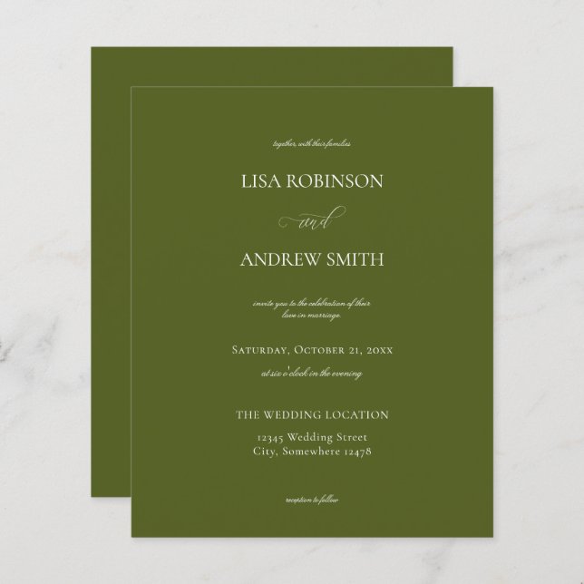 Lámina Boda de caligrafía verde oliva de presupuesto (Anverso / Reverso)