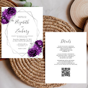 Lámina Boda de código QR blanco floral púrpura de plata d