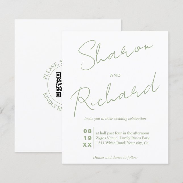 Lámina BODA de código QR de la caligrafía verde de Sage B (Anverso / Reverso)