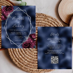 Lámina Boda de código QR de la floral plateada de borgoña