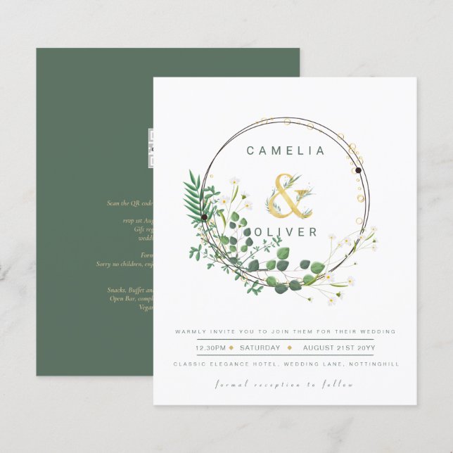 Lámina BODA de código QR de la Wreath de oro verde todo e (Anverso / Reverso)