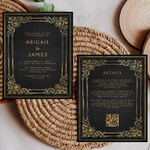 Lámina Boda de código QR de marco vintage negro dorado