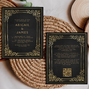 Lámina Boda de código QR de marco vintage negro dorado