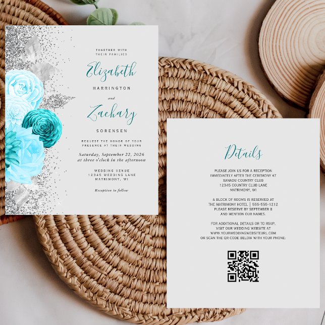 Lámina Boda de código QR de plata floral turquesa de pres (Subido por el creador)