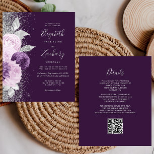 Lámina Boda de código QR de Plata Morada Floral Presupues