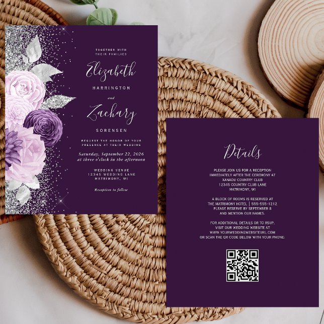 Lámina Boda de código QR de Plata Morada Floral Presupues (Subido por el creador)