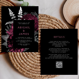 Lámina Boda de código QR floral borgoña floral oscuro de