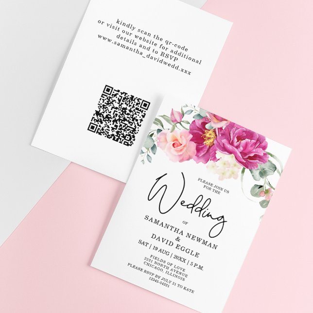 Lámina Boda de código QR floral rosa de Fuchsia moderna d (Subido por el creador)