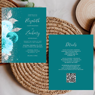 Lámina Boda de código QR floral turquesa plateado presupu