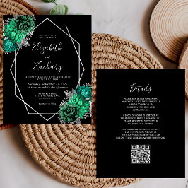 Lámina Boda de código QR negro floral de esmeralda presup