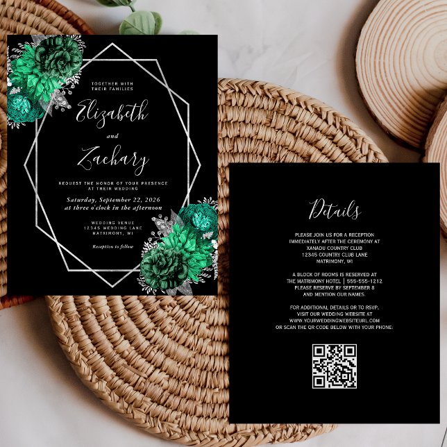 Lámina Boda de código QR negro floral de esmeralda presup (Subido por el creador)