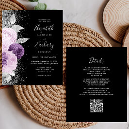 Lámina Boda de código QR negro floral púrpura presupuesta