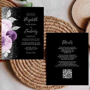 Lámina Boda de código QR negro floral púrpura presupuesta