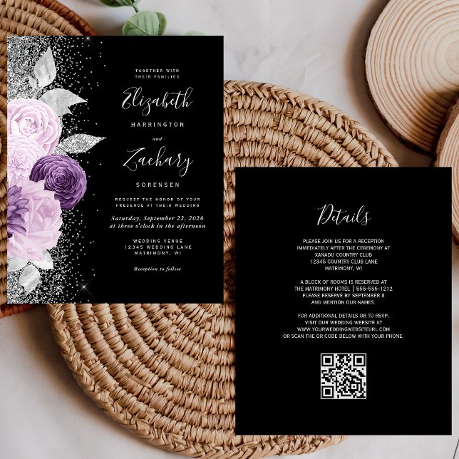 Lámina Boda de código QR negro floral púrpura presupuesta (Subido por el creador)