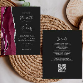 Lámina Boda de código QR oscuro de Agate de Plata Borgoña