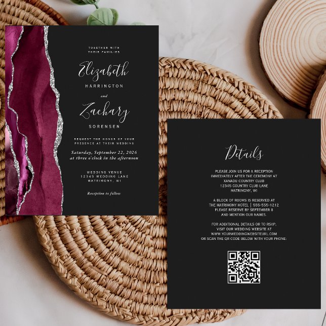 Lámina Boda de código QR oscuro de Agate de Plata Borgoña (Subido por el creador)