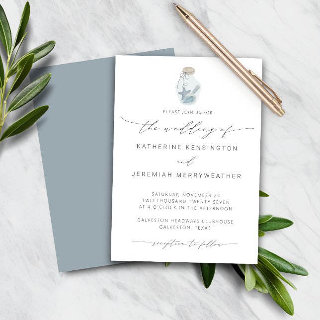Lámina BODA de escritura moderna de BUDGET Beach Seashell (BUDGET Beach Seashell Modern Script Wedding Invitation)