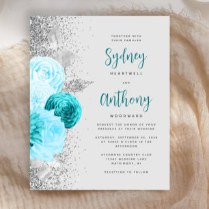 Lámina Boda de Floral Turquesa Plateado con Caligrafía Pr