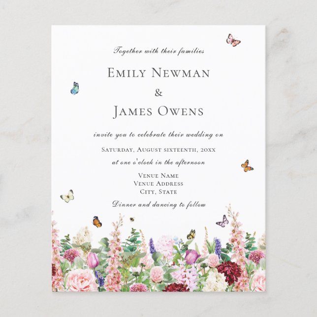 Lámina Boda de flores silvestres rosadas y mariposas (Anverso)