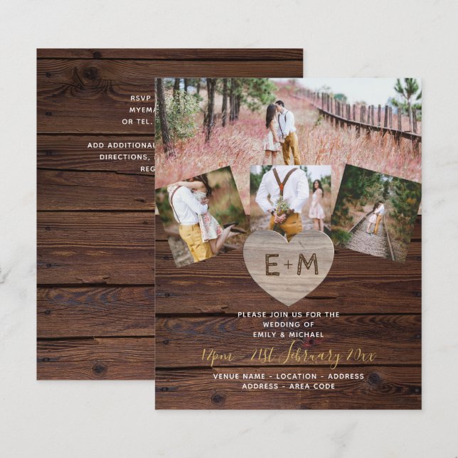 Lámina Boda de FOTO de corazón de madera rústica para Lea (Anverso / Reverso)