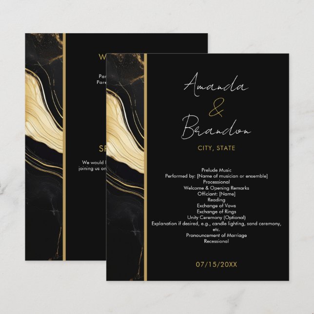 Lámina Boda de fotografía de mármol negro y oro de lujo (Anverso / Reverso)