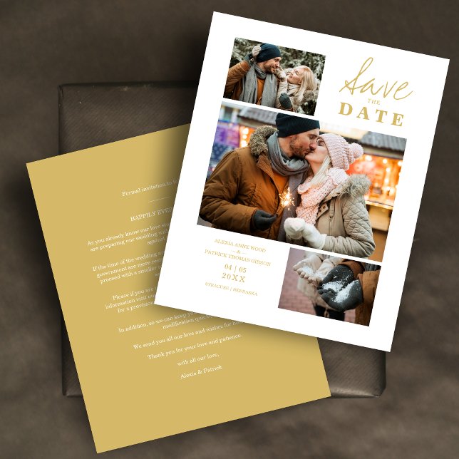 Lámina Boda de fotos de Budget Modern Golden Effect 3 (Budget Modern Faux Golden Effect 3 Photos Collage Save the Date Card with Envelope.)