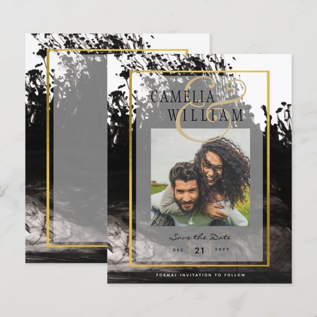 Lámina Boda de FOTOS LeahG Black Gold INK Save Date (Anverso / Reverso)