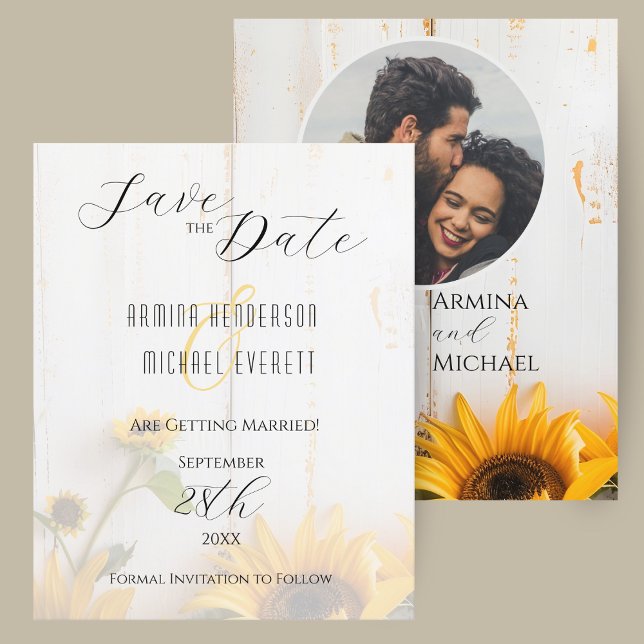 Lámina Boda de girasol rústica presupuestal salva la fech (A budget rustic sunflower wedding save the date card with white barn wood and photo.)