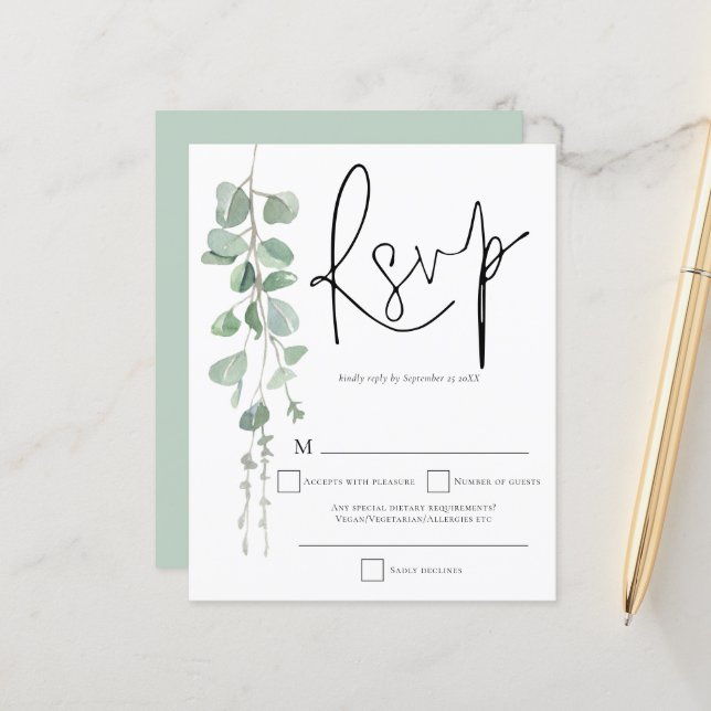 Lámina Boda de guión de eucalipto de presupuesto RSVP (Anverso/Reverso In Situ)