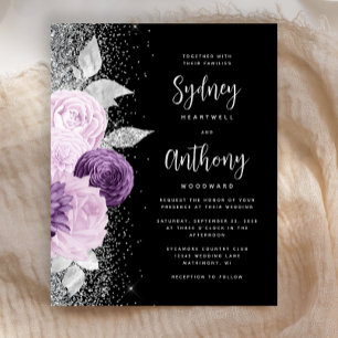 Lámina Boda de guión negro floral púrpura de plata de pre