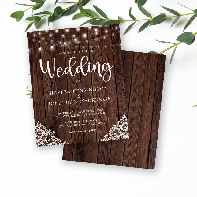 Lámina Boda de iluminación de cadenas de encaje de madera (Rustic Wood Lace and String Lights Budget Wedding Invitation)