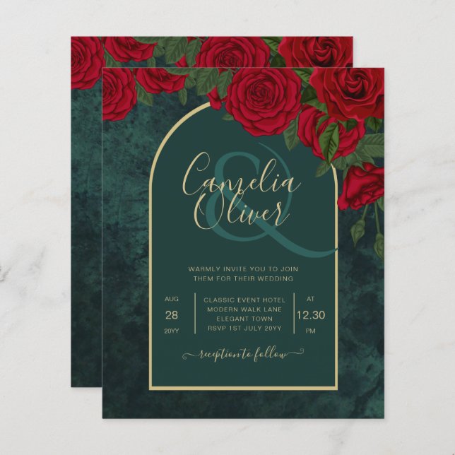 Lámina Boda de Invierno de Oro Verde Forestal Rojo Roses (Anverso / Reverso)