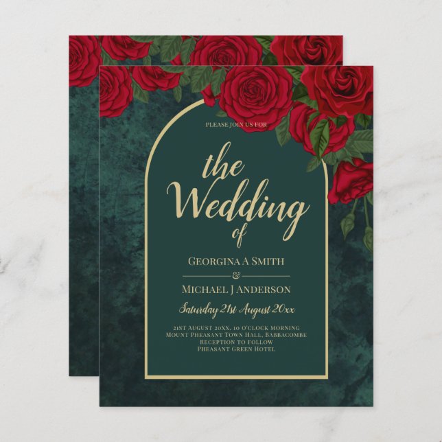 Lámina Boda de Invierno de Oro Verde Forestal Rojo Roses (Anverso / Reverso)