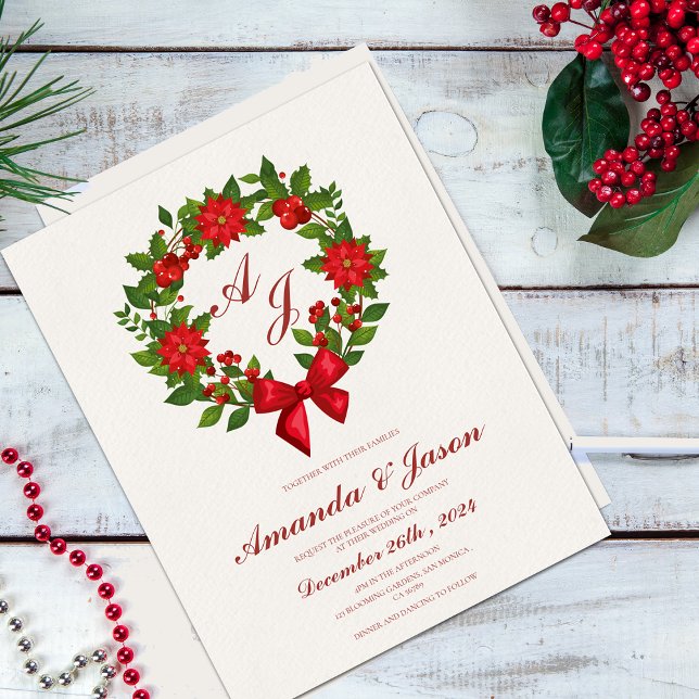 Lámina Boda de las Berries y Navidades de Poinsettia (Red Green Berries and Poinsettia Christmas wedding Invitation)