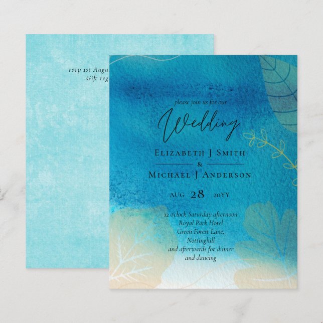 Lámina Boda de LeahG BUDGET Ocean Blue Watercolor (Anverso / Reverso)