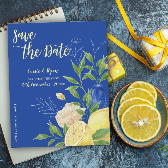 Lámina Boda de limón azul mediterránea salva la fecha (Mediterranean Blue Lemon Wedding Save the Date)