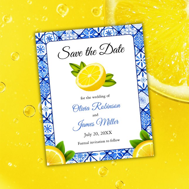 Lámina Boda de limón mediterránea presupuestal Salven la  (Budget Mediterranean Italian Blue Tile Lemon Wedding Save The Date )