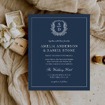 Lámina Boda de Monograma Azul de la Marina Elegante Invit<br><div class="desc">Establezca el tono de su boda con una invitación a monograma de escudo floral azul marino, combinando elegancia intemporal con encanto personalizado. El suave color azul polvoriento aporta un toque sereno y sofisticado, mientras que el intrincado escudo floral aporta una estética clásica y refinada. Perfecto para las parejas que buscan...</div>