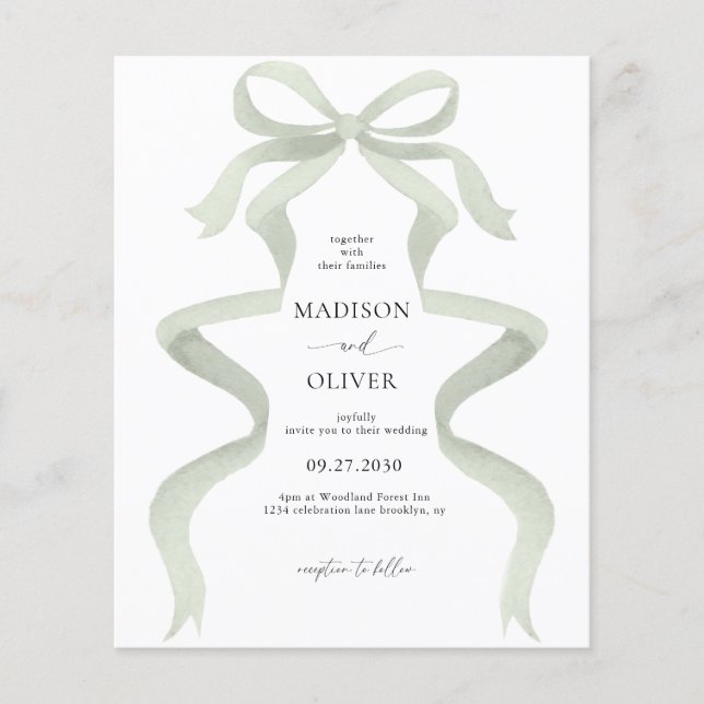 Lámina BODA de Monograma Sage Green Bow Elegant BUDGET (Anverso)