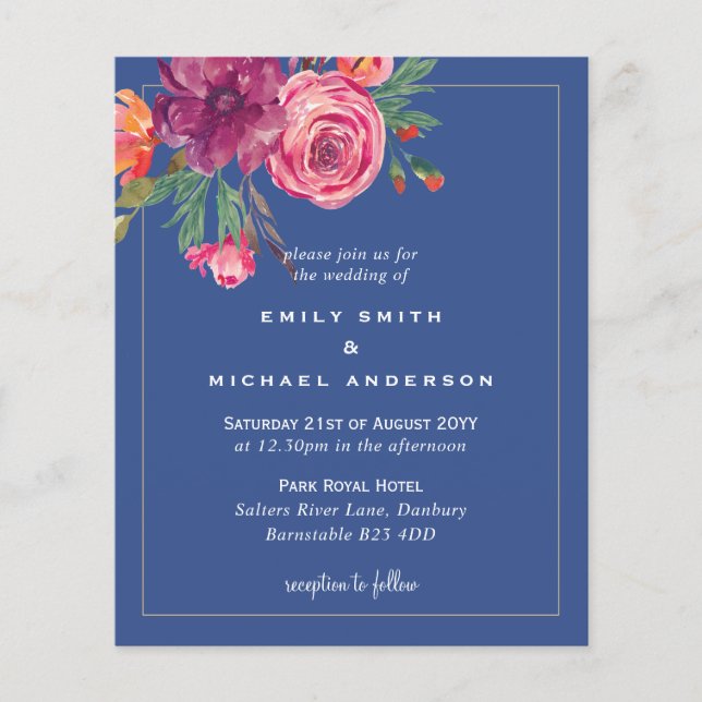 Lámina Boda de Naranja rosa azul borgoña floral presupues (Anverso)