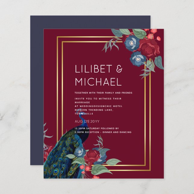 Lámina Boda de otoño de invierno azul borgoña pavo real (Anverso / Reverso)