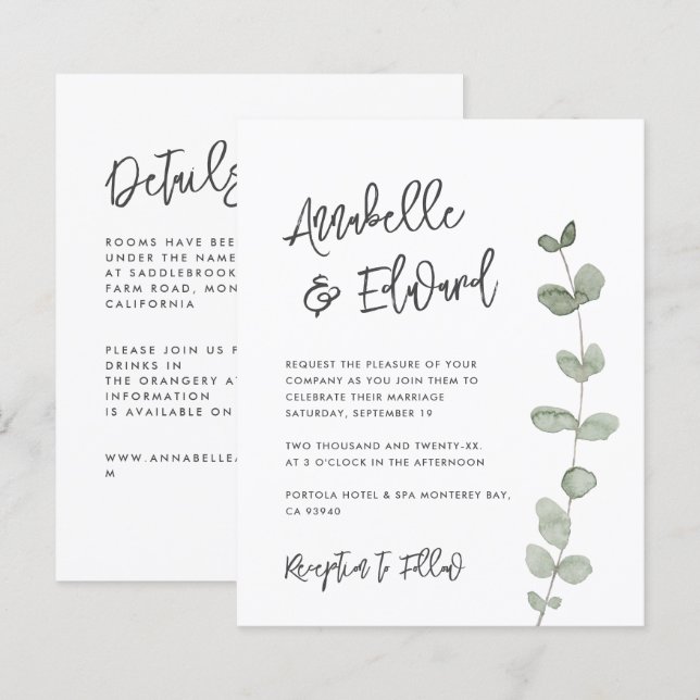 Lámina Boda de presupuesto detalles del eucalipto, invita (Anverso / Reverso)
