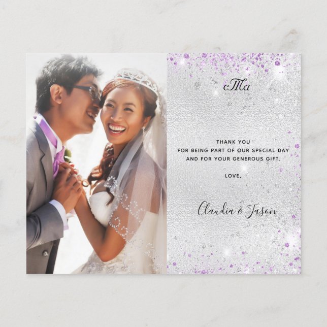 Lámina Boda de presupuesto foto púrpura plata gracias (Reverso)
