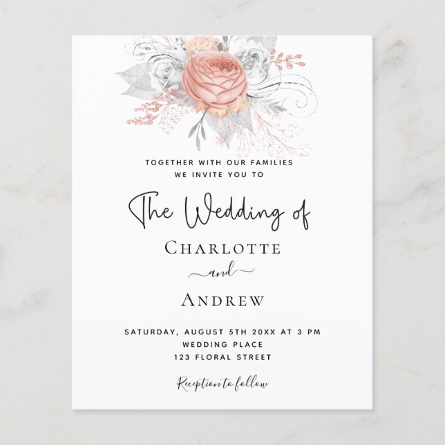 Lámina Boda de presupuesto rosa oro floral elegante plata (Anverso)