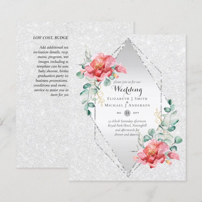 Lámina Boda de Purpurina de Plata Floral Roja de bajo pre (Anverso / Reverso)