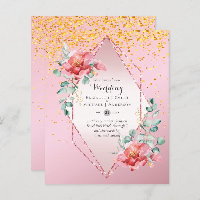 Lámina Boda de Purpurina RoseGold Red Floral de bajo pres (Anverso / Reverso)