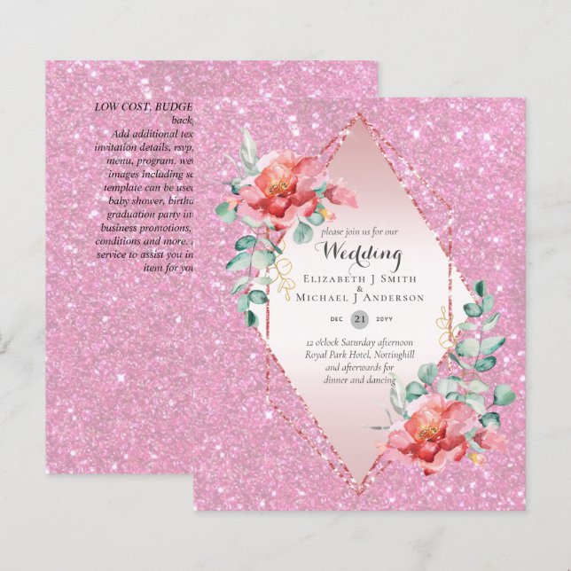 Lámina Boda de Purpurina RoseGold Red Floral de bajo pres (Anverso / Reverso)